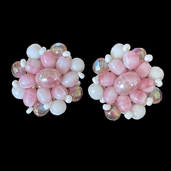 Signed West Germany Pink Glass Beaded Earrings Clip On VTG Beautiful Ballet Core - Picture 1 of 6